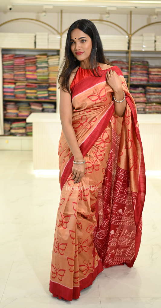 Light Orange Red Butterfly Theme Odisha Ikat Contemporary Designer Silk Saree
