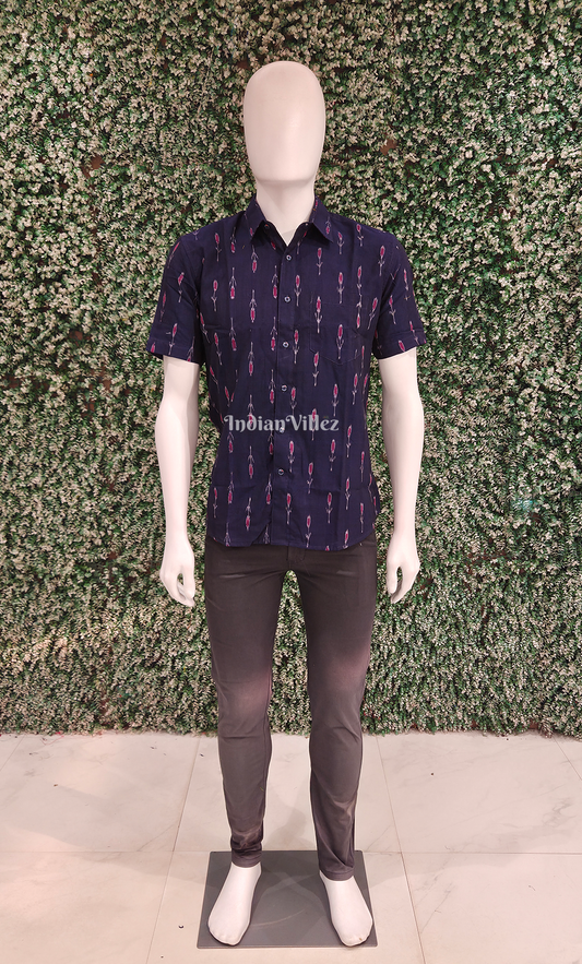 Blue Pink Mayur Chandrika Odisha Ikat Cotton Half Sleeve Shirt for Men
