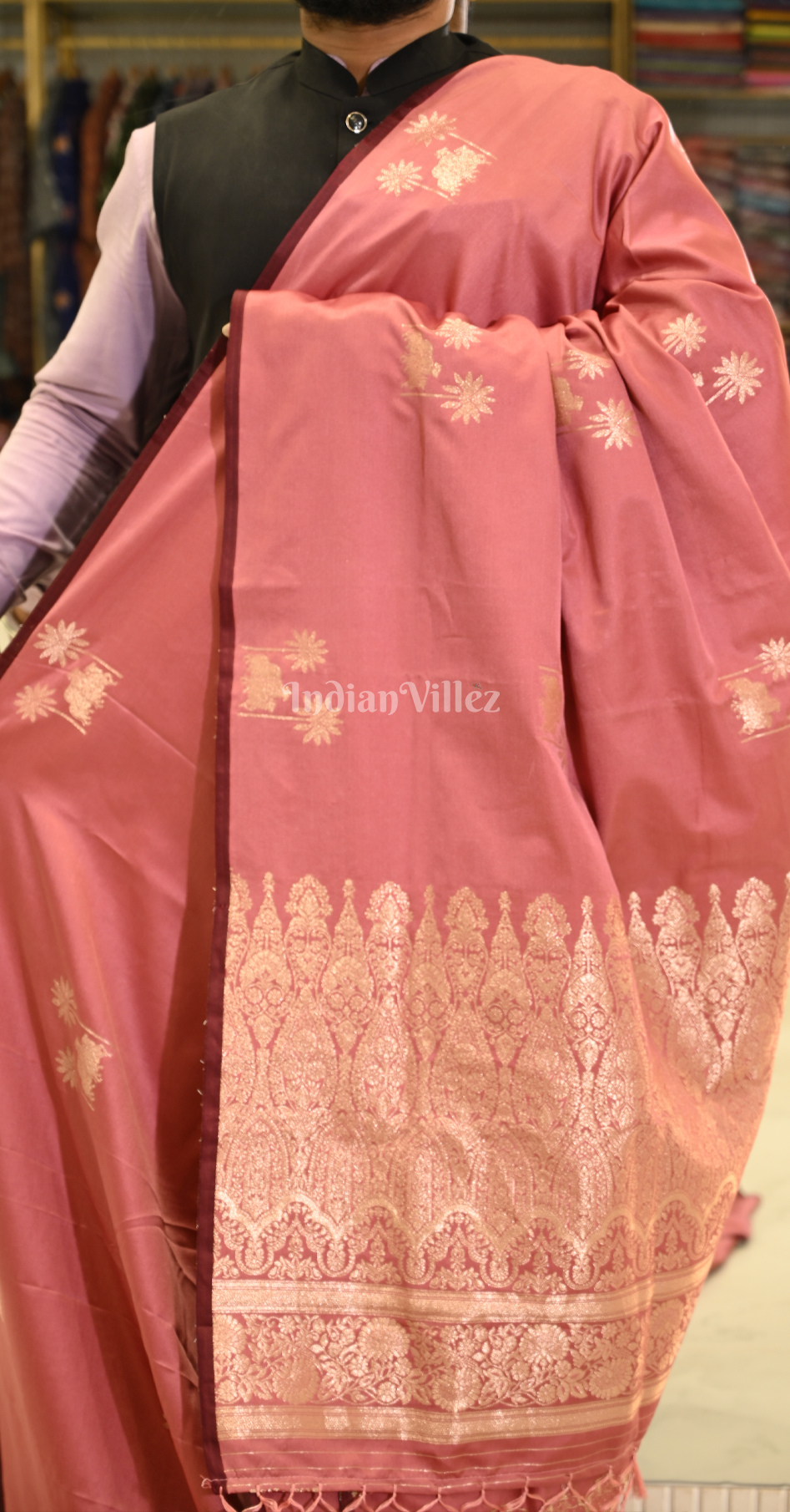 Pastel Pink Mashru Satin Banarasi Silk Saree with Pichwai Motif