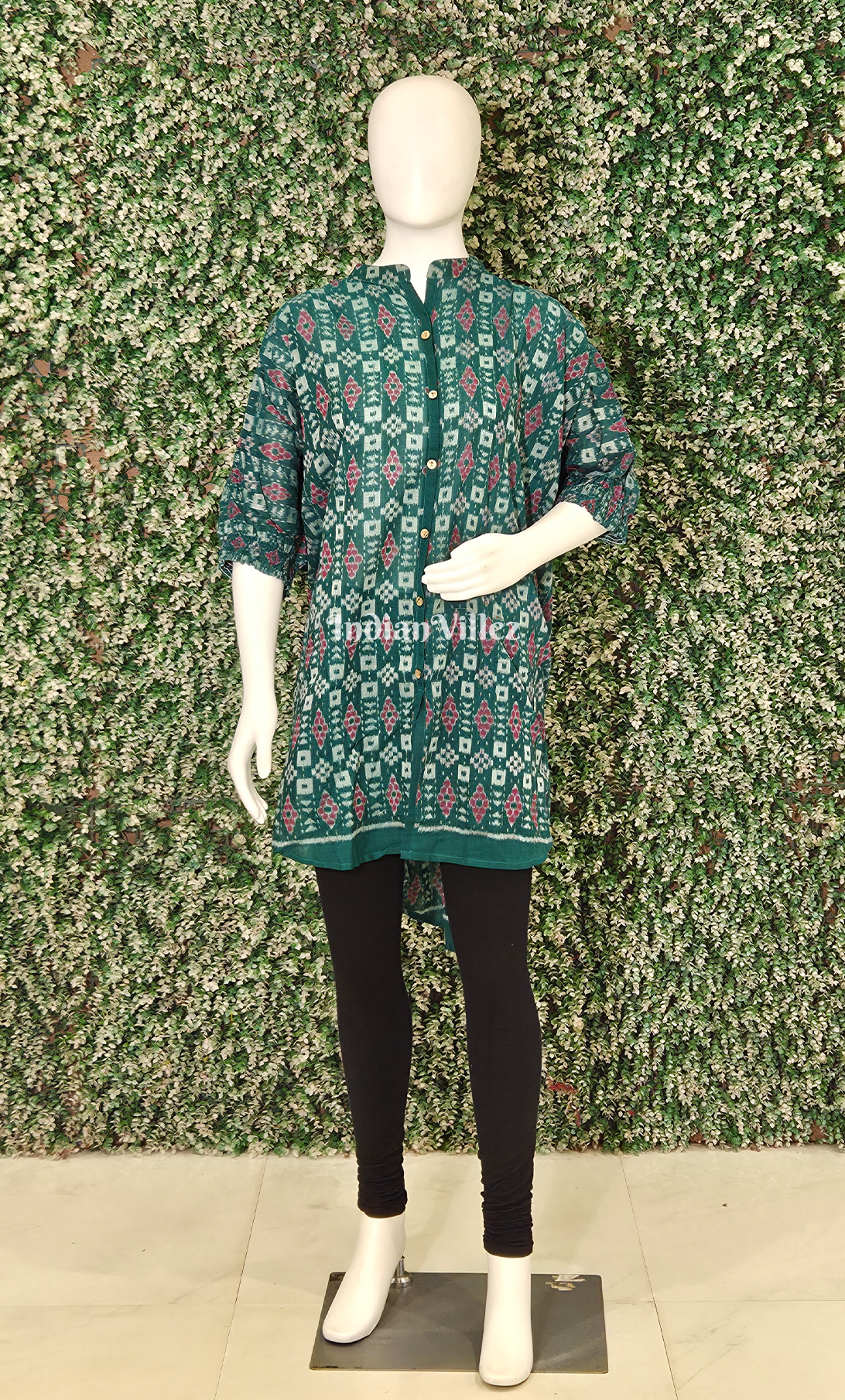 Sea Green Red Pasapali Odisha Ikat Designer Low to High Cotton Kurti for Women 