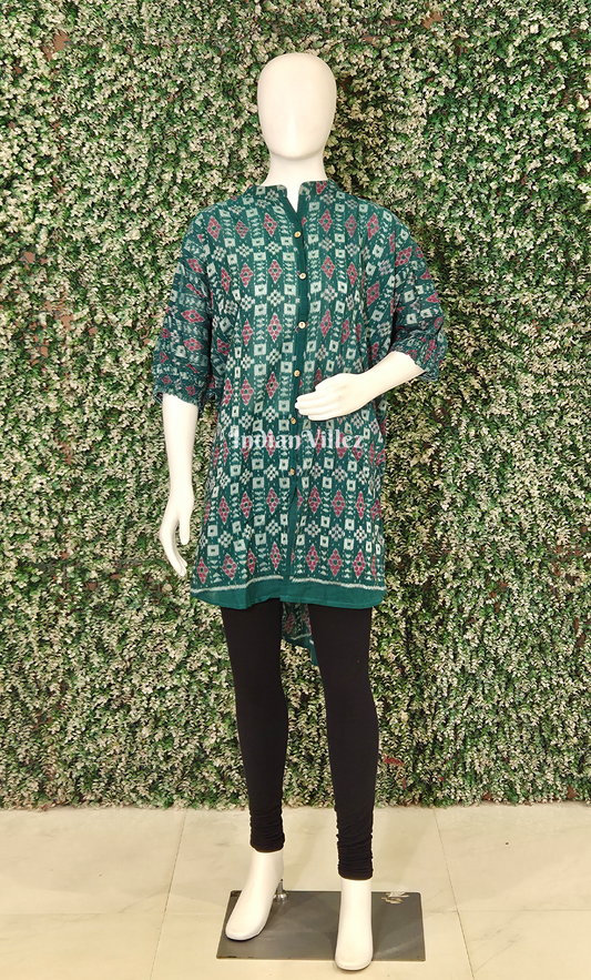Sea Green Red Pasapali Odisha Ikat Designer Low to High Cotton Kurti for Women 