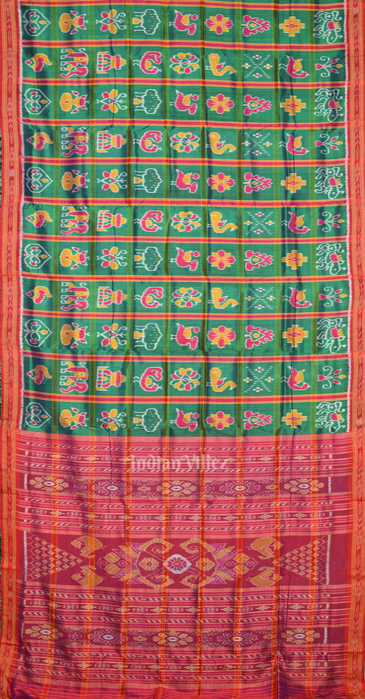 Bottle Green Red Nabakothi Odisha Ikat Khandua Silk Saree 