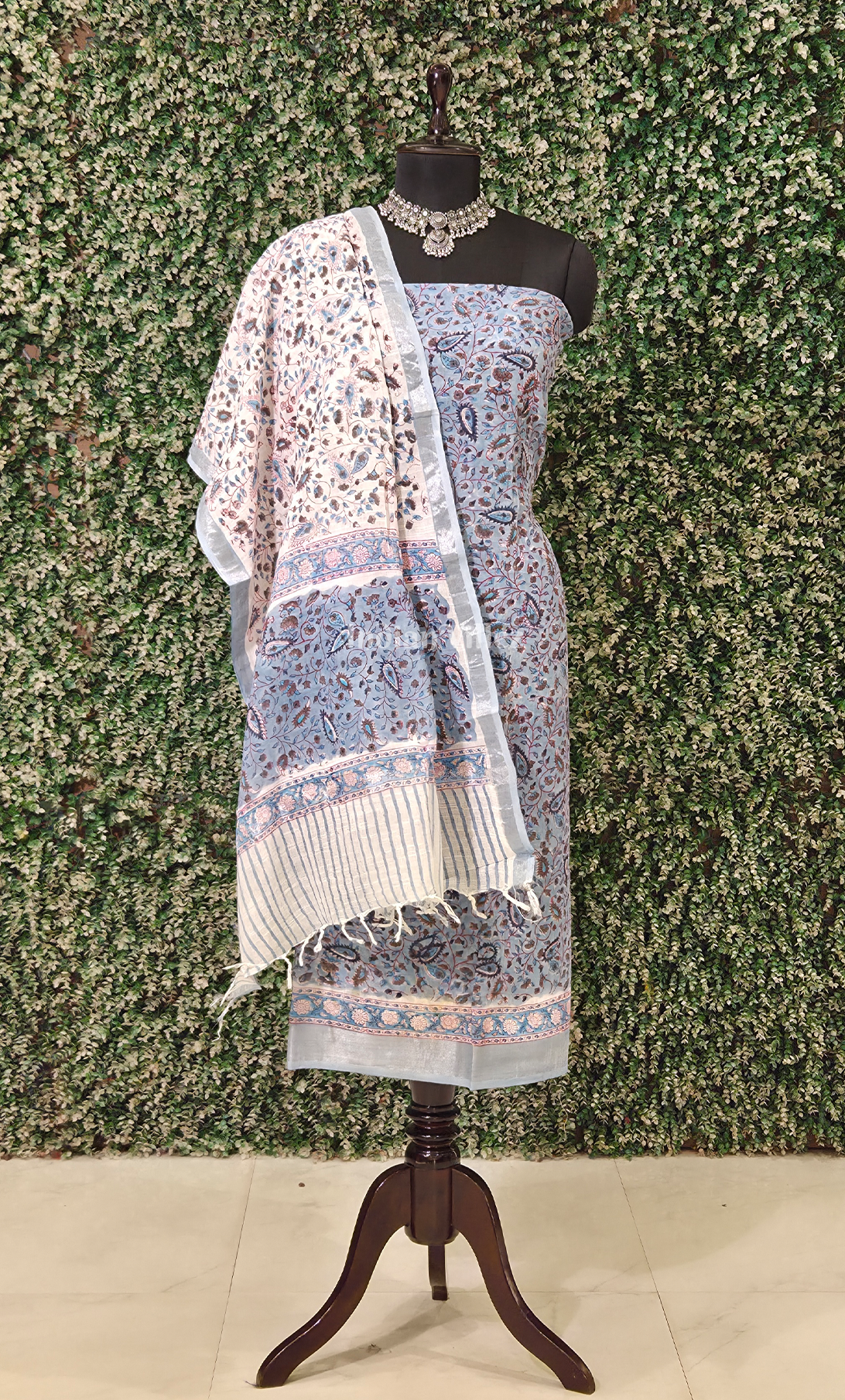 Light Blue White Sanganeri Block Printed Cotton Suit Sets