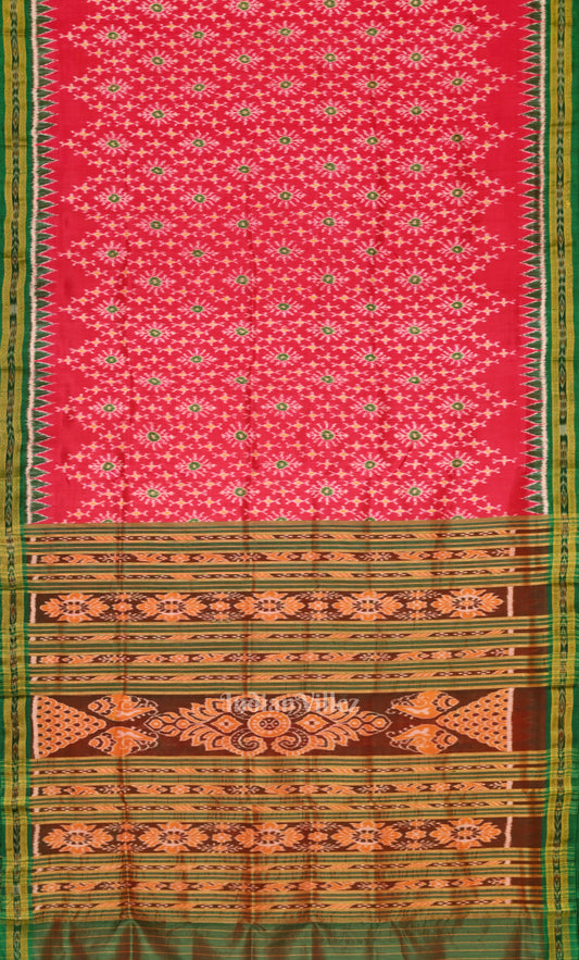 Rani Pink Green Tribal Theme Odisha Ikat Khandua Silk Saree 