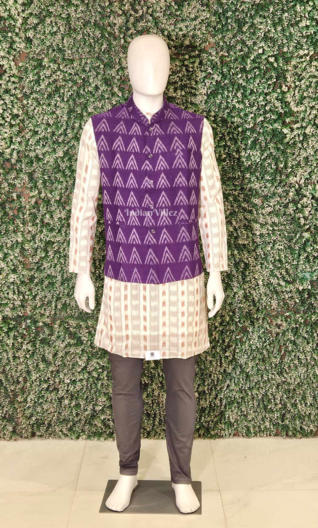 Purple Chita Design Odisha Ikat Half Bandi Jacket for Men 