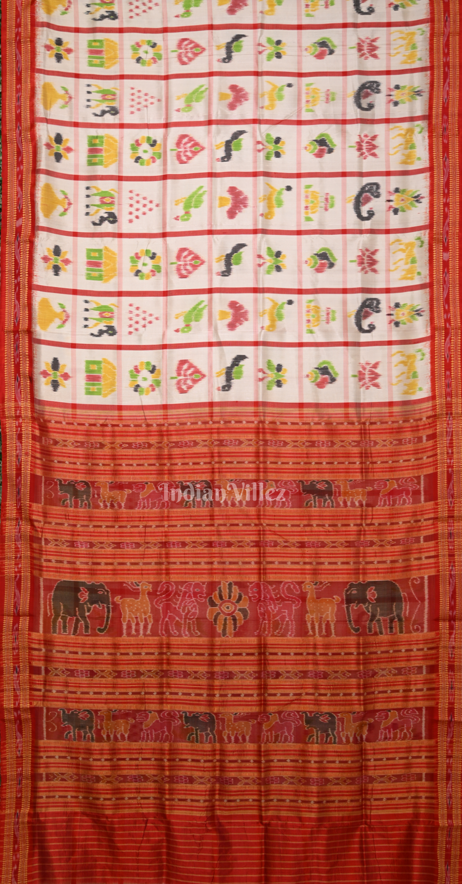 White Red Nabakothi Odisha Ikat Khandua Silk Saree with Jungle Anchal