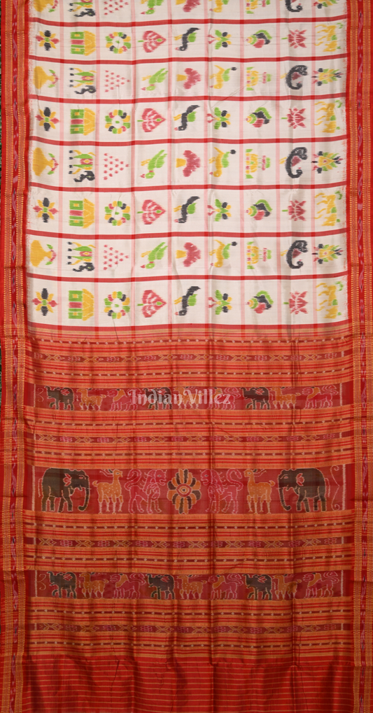 White Red Nabakothi Odisha Ikat Khandua Silk Saree with Jungle Anchal