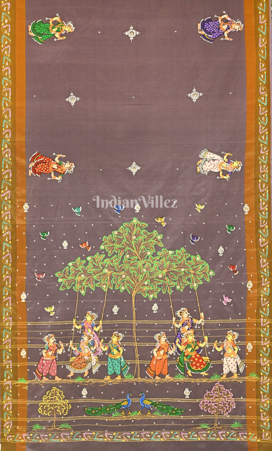Grey Raja Doli Theme Hand-Painted Pattachitra Saree