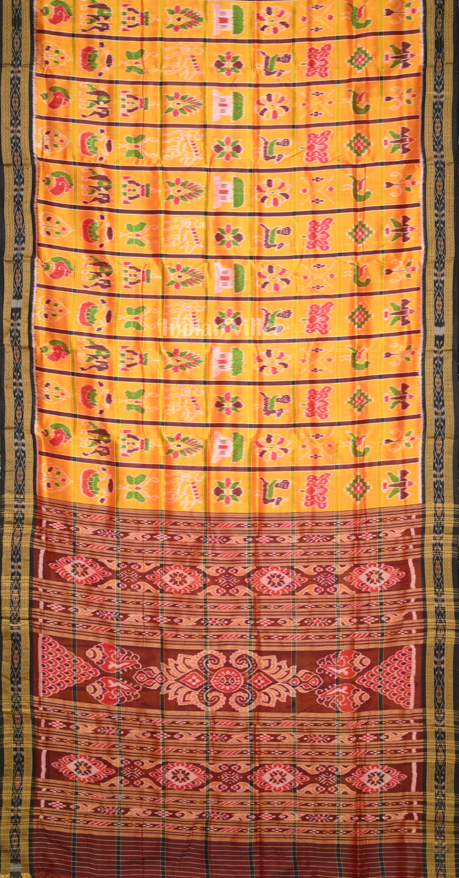 Mustard Yellow Maroon Nabakothi Odisha Ikat Khandua Silk Saree