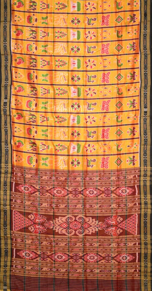 Mustard Yellow Maroon Nabakothi Odisha Ikat Khandua Silk Saree