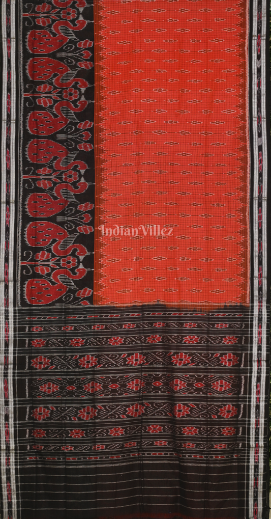 Red Black Check Peacock Scott Odisha Ikat Sambalpuri Cotton Saree 