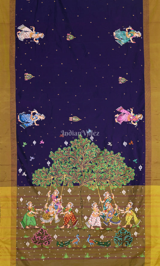 Blue Brown Raja Doli Theme Hand-Painted Pattachitra Saree