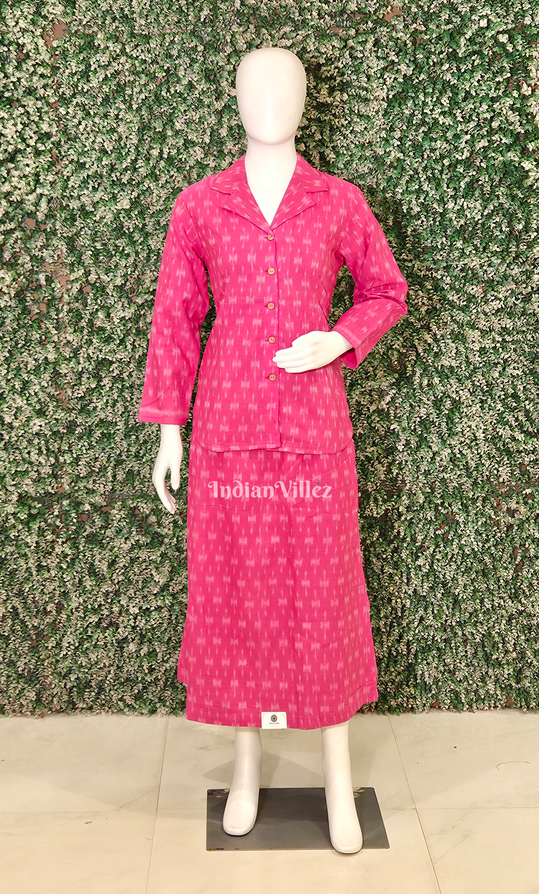 Rani Pink Pochampally Cotton Kurti Set with Skirt