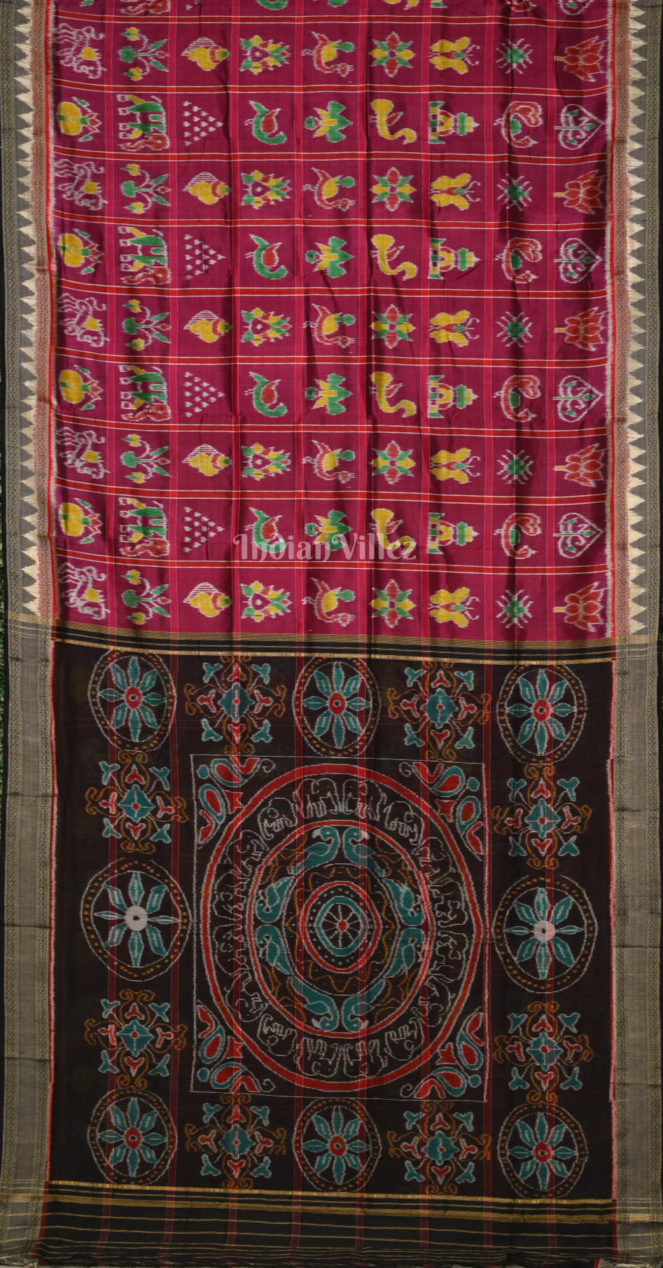 Magenta Pink Black Nabakothi Khandua Silk Saree with Pecock Elephant Chandua Anchal