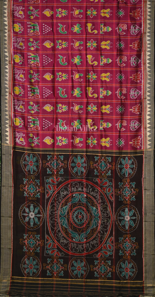 Magenta Pink Black Nabakothi Khandua Silk Saree with Pecock Elephant Chandua Anchal