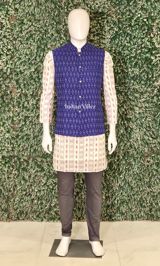 Blue Odisha Ikat Half Bandi Jacket for Men