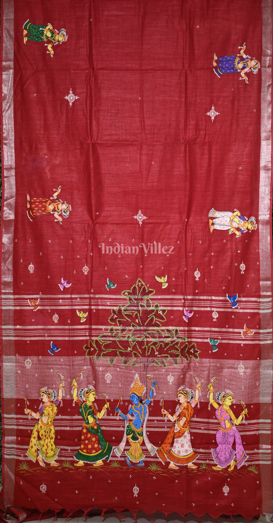 Maroon Krishna Raas Leela Hand-Painted Pattachitra Saree (Linen)