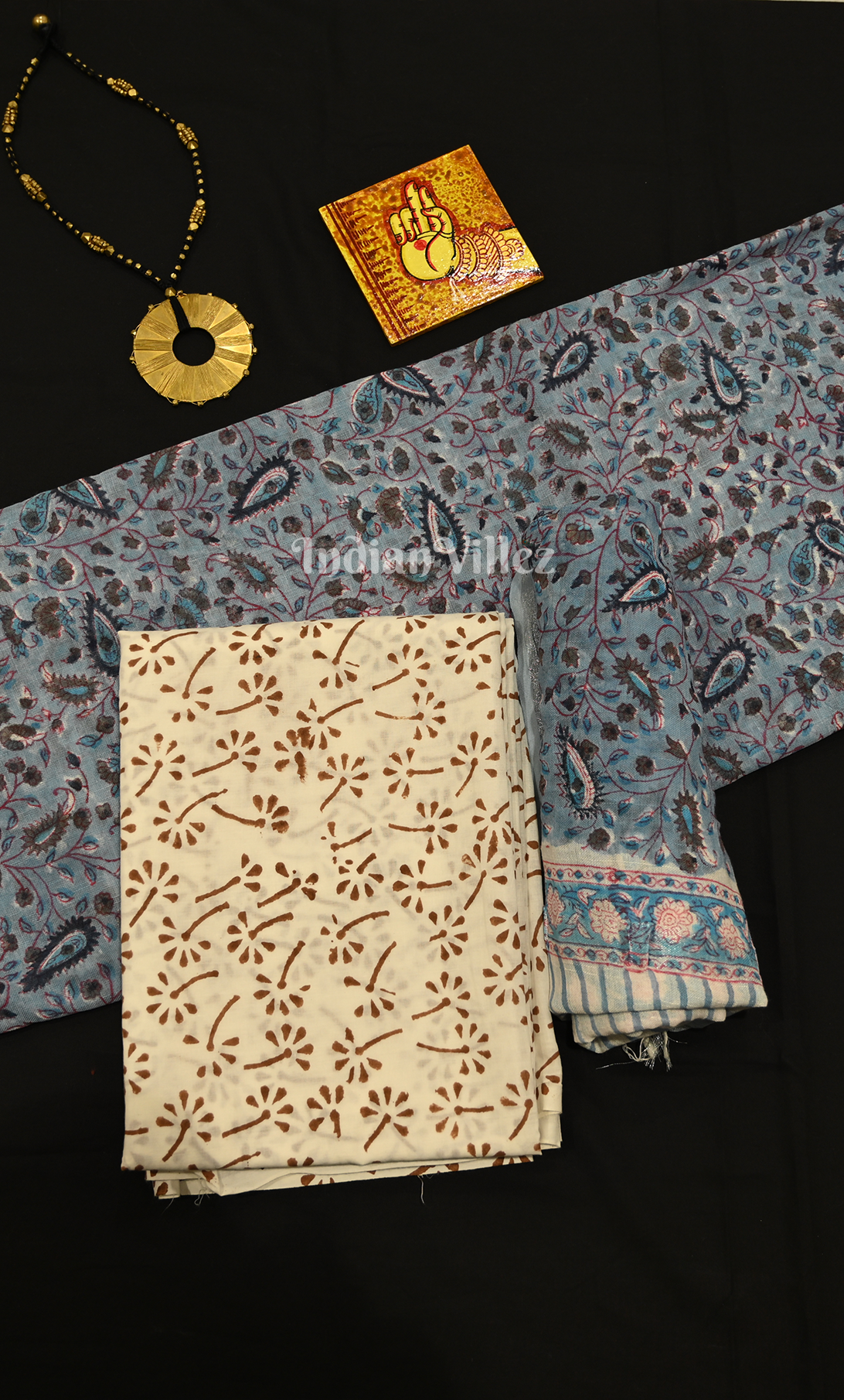 Light Blue White Sanganeri Block Printed Cotton Suit Sets