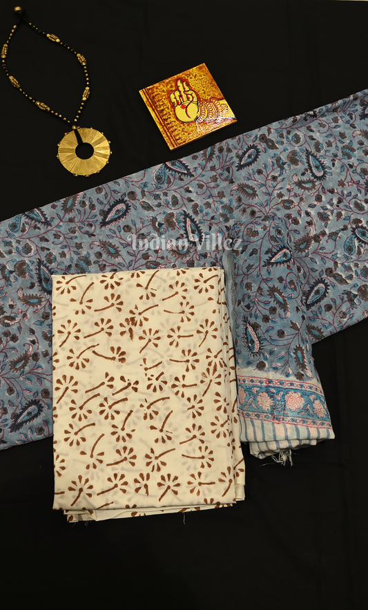 Light Blue White Sanganeri Block Printed Cotton Suit Sets