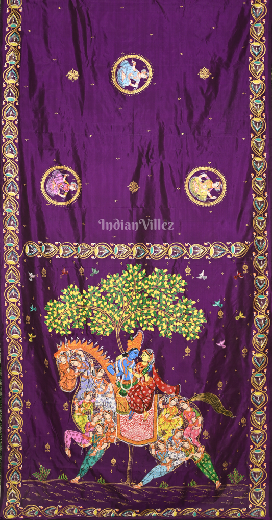 Purple Kandarpa Ashwa Hand-Painted Pattachitra Saree 
