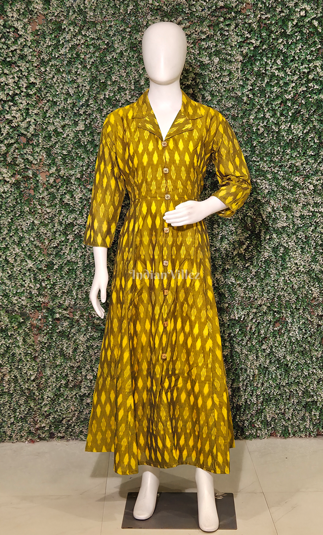 Mehendi Green Pochampally Ikat Designer Long Gown for Women 