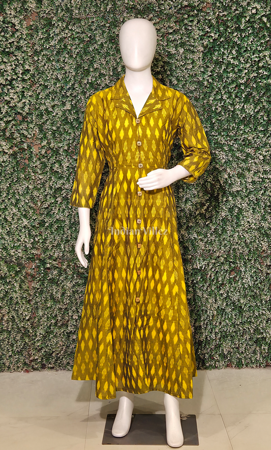 Mehendi Green Pochampally Ikat Designer Long Gown for Women 