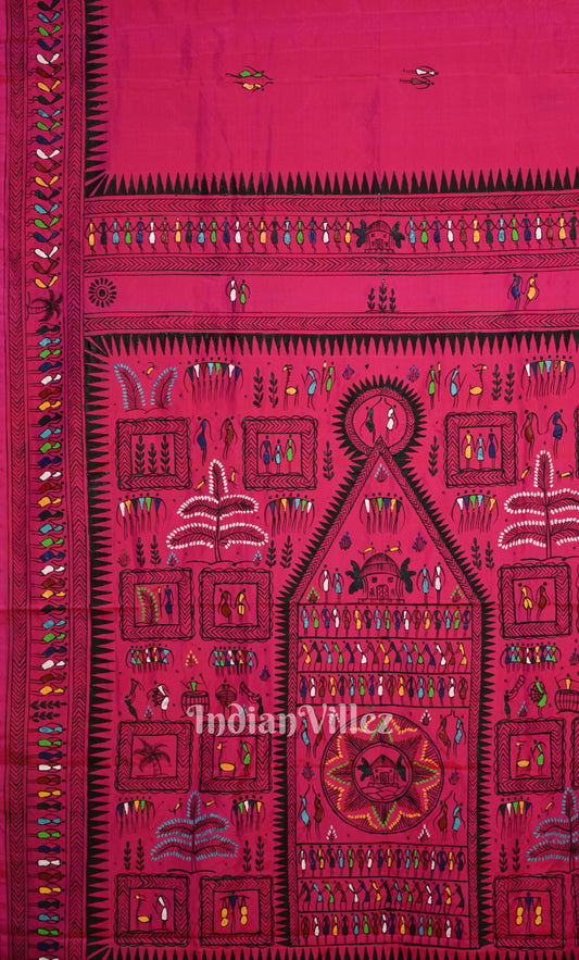 Rani Pink Saura Tribal Art Hand-Painted Pattachitra Saree 