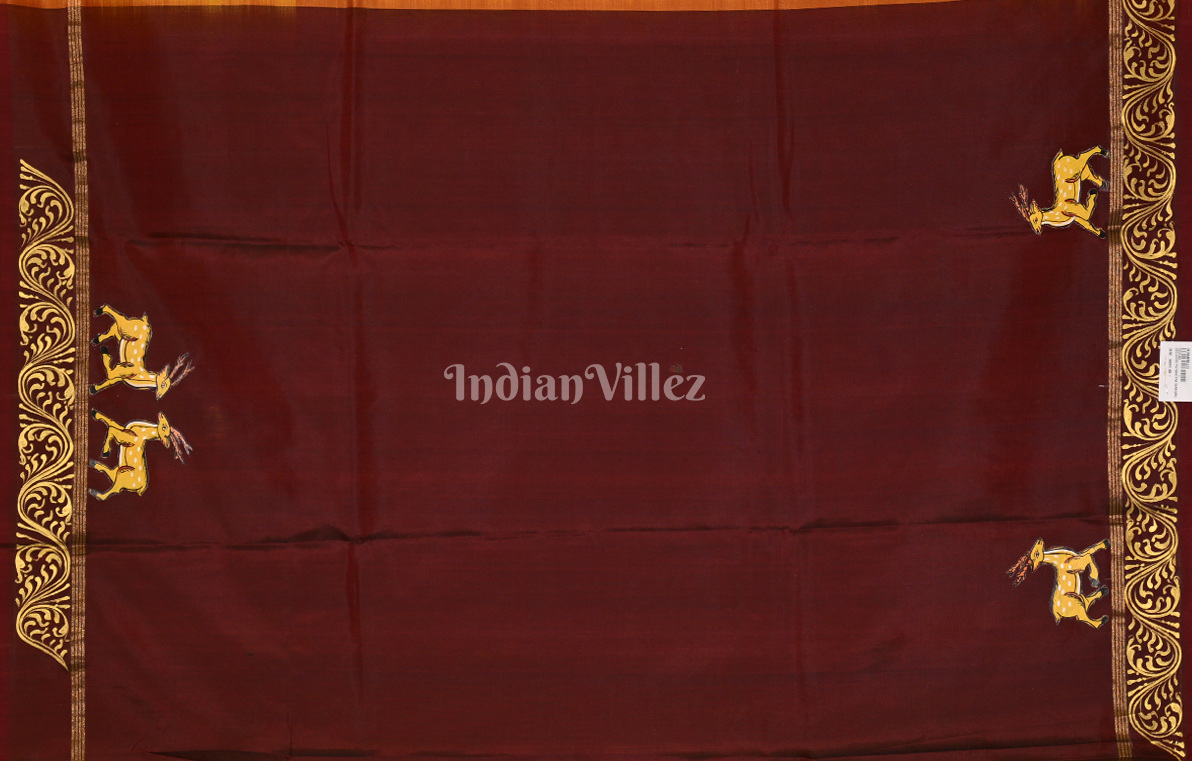 Mustard Yellow Maroon Ramayan Theme  Hand-Painted Pattachitra Saree 