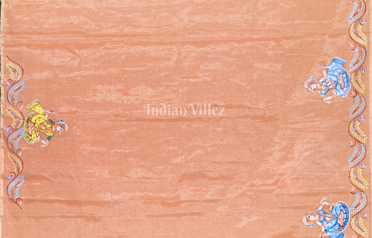 Light Orange Krishna Rasa Leela Hand-Painted Pattachitra Saree