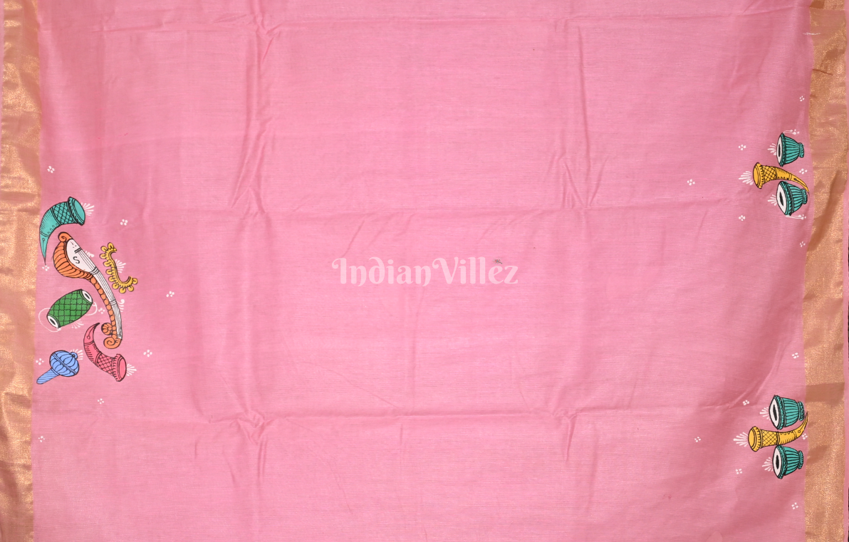 Baby Pink Musical Theme Hand-Painted Pattachitra Saree 