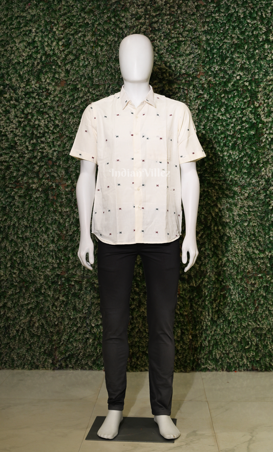  White Thread work Star Shaped Motif Odisha Ikat Cotton Half Sleeve Shirt
