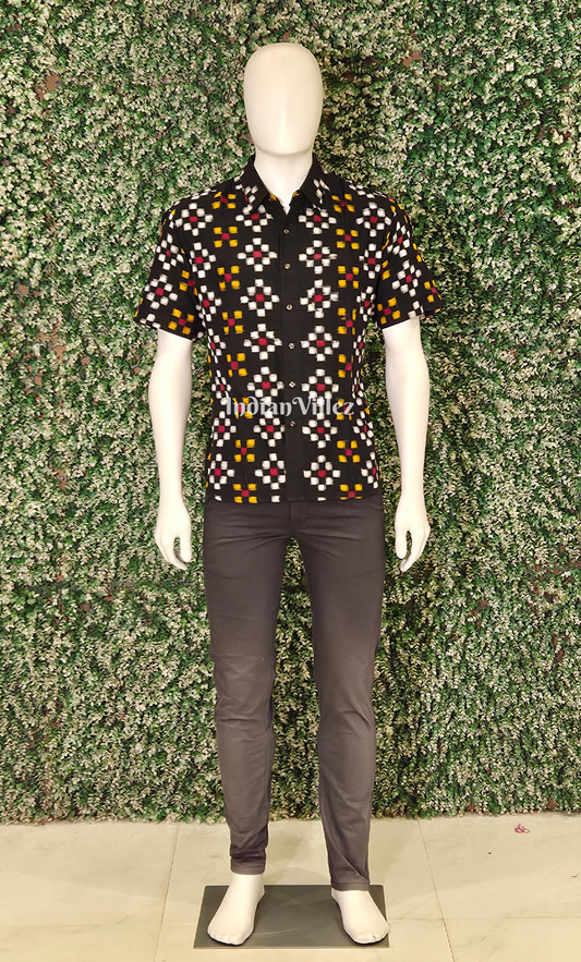 Black with Multi Color Pasapali Odisha Ikat Cotton Half Sleeve Shirt for Men