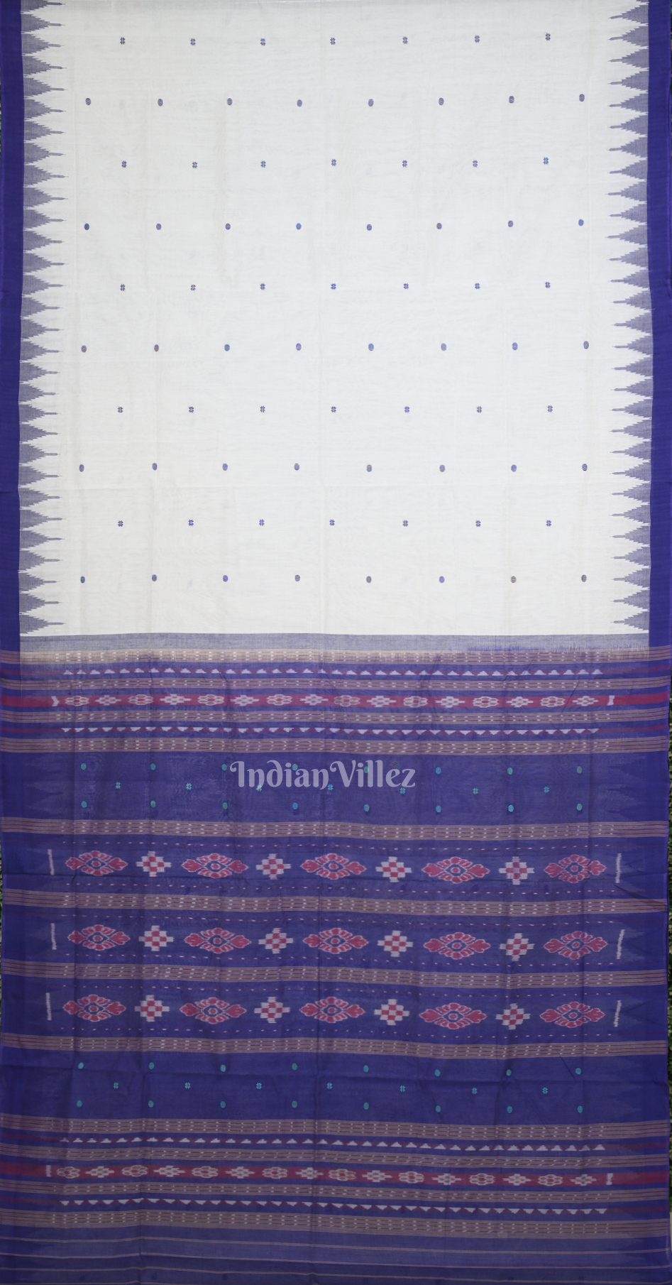 White Blue Buti Sachipar Odisha Ikat Sambalpuri Cotton Saree 