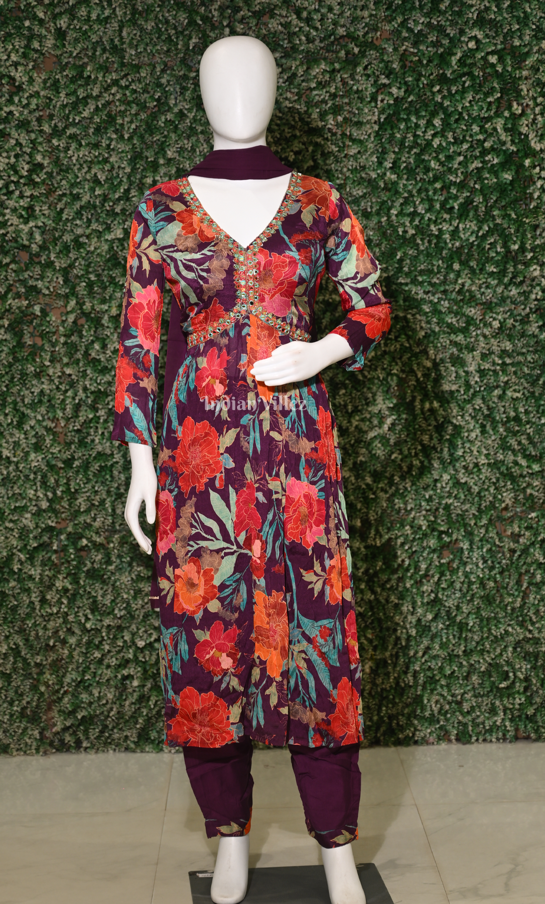 Purple with Multi Color Alia Cut Kurta Plazzoo with Dupatta Set