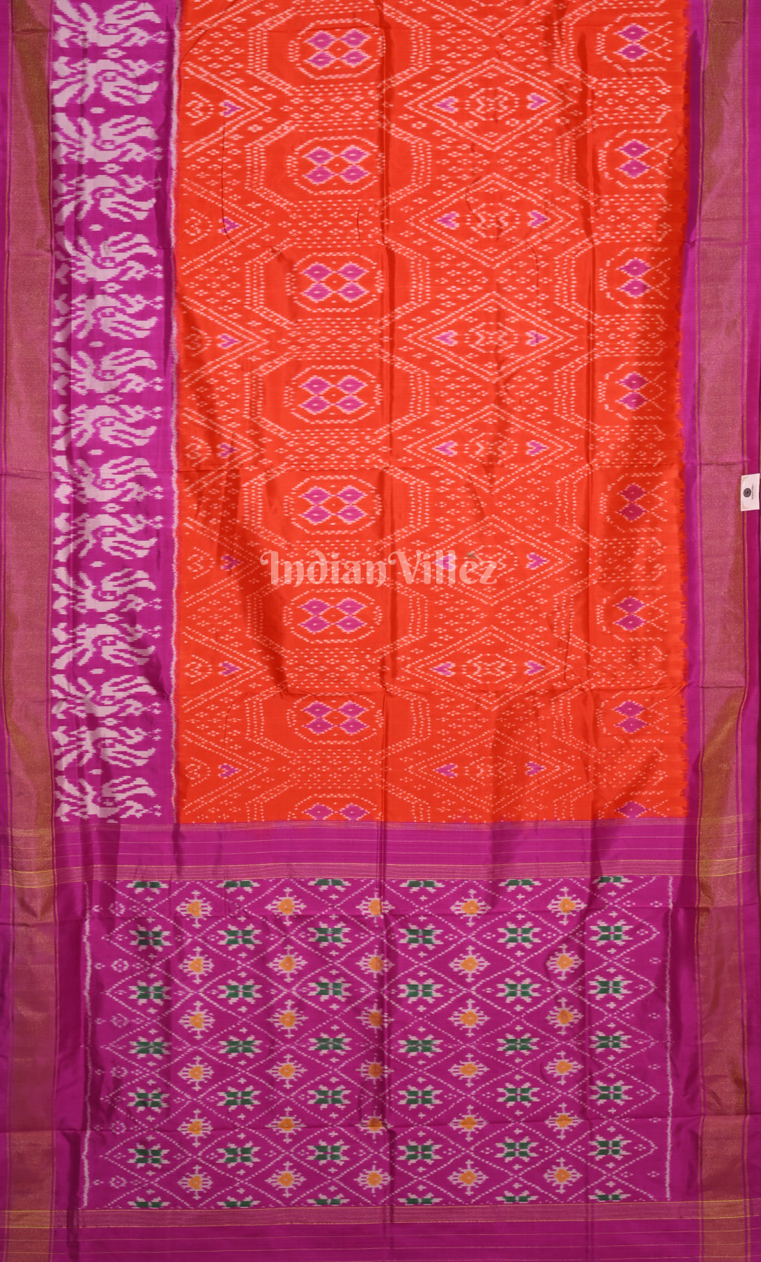  Orange Pink Pochampally Ikat Silk Saree 