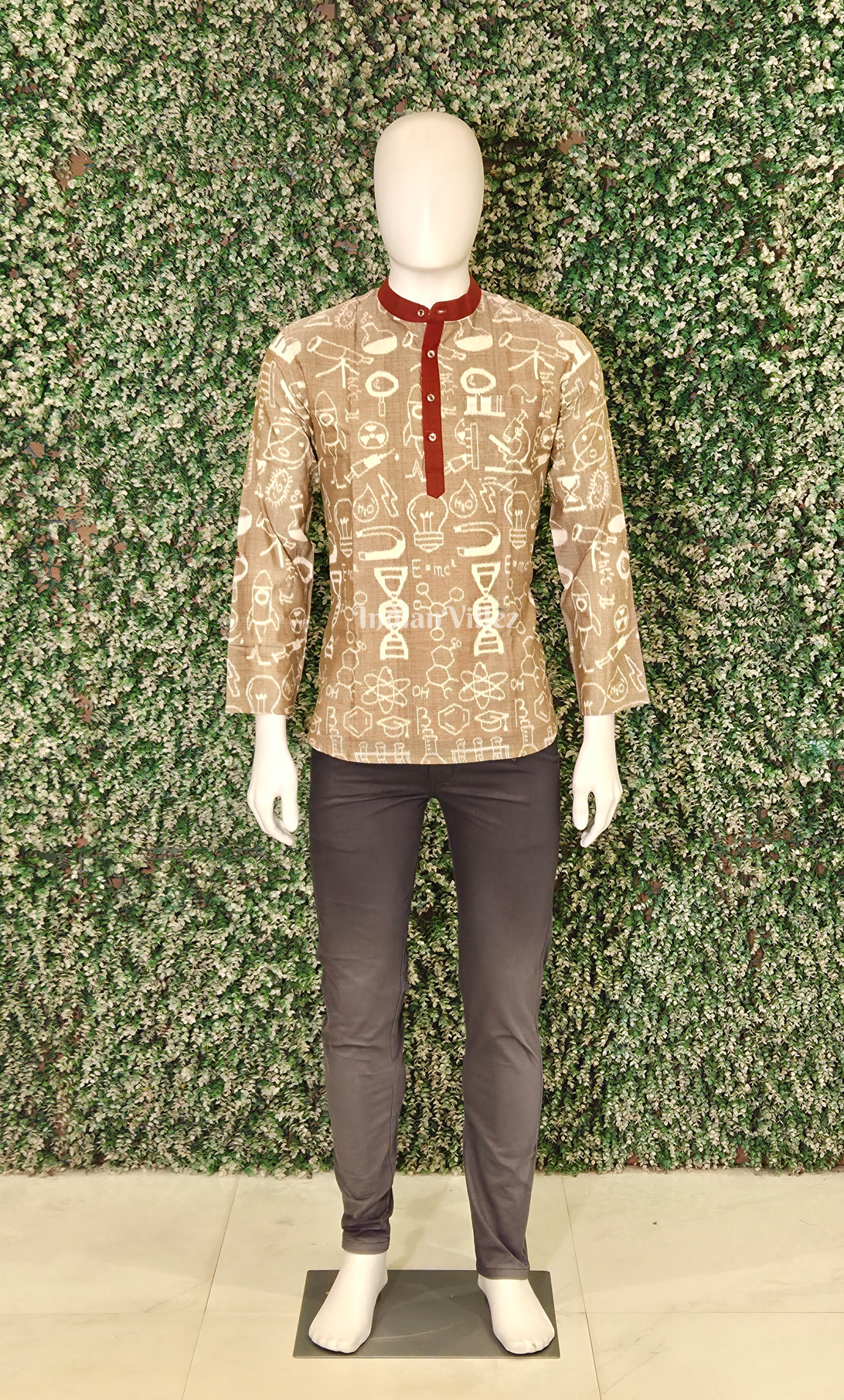Beige Red Chemical Formula Theme Odisha Ikat Cotton Kurta for Men 