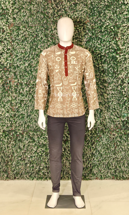 Beige Red Chemical Formula Theme Odisha Ikat Cotton Kurta for Men 