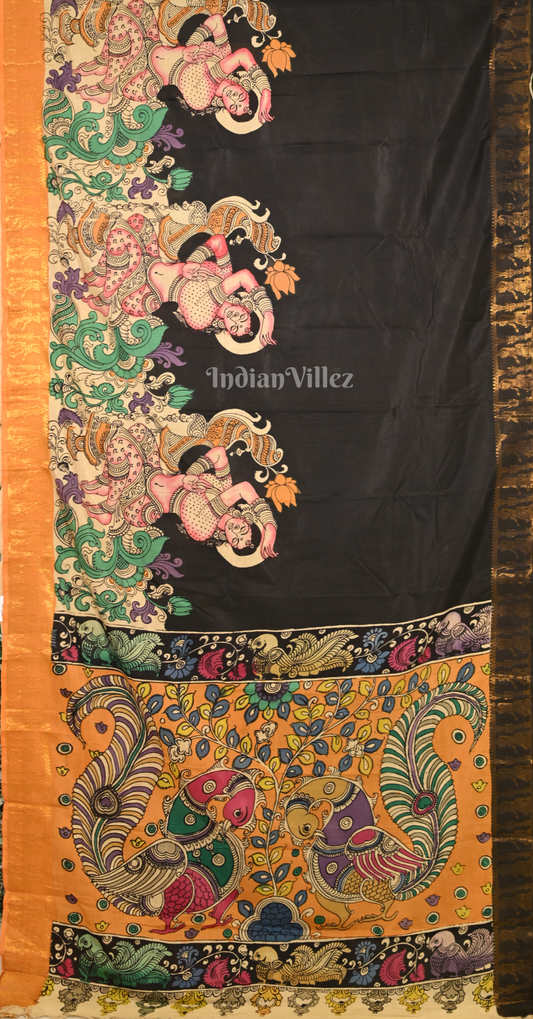Black Yellow Hand-Painted Natural Dye Cotton Kalamkari Saree  