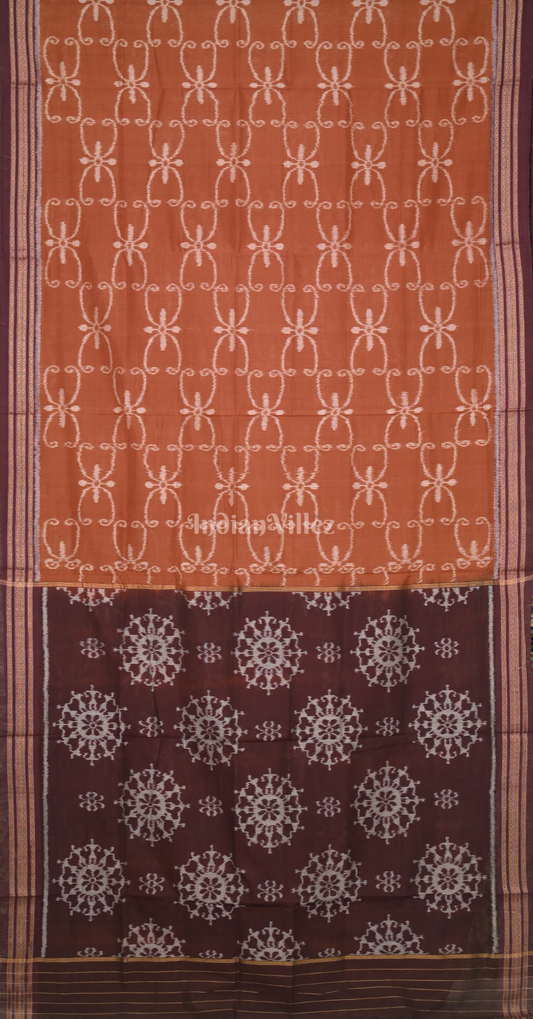 Rust Orange Maroon Odisha Ikat Sambalpuri Cotton Saree with Tribal Anchal