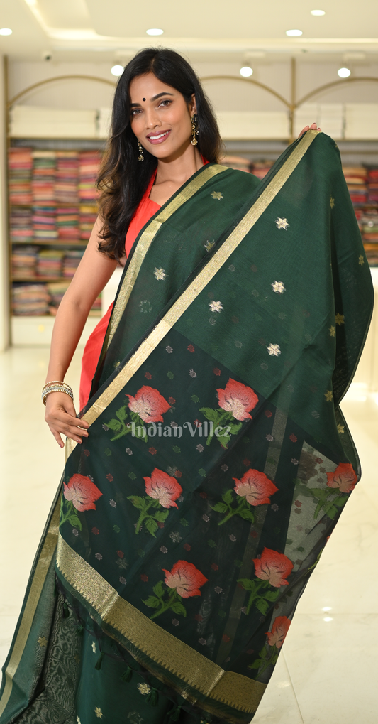Bottle Green Linen Saree with Red Floral Pallu