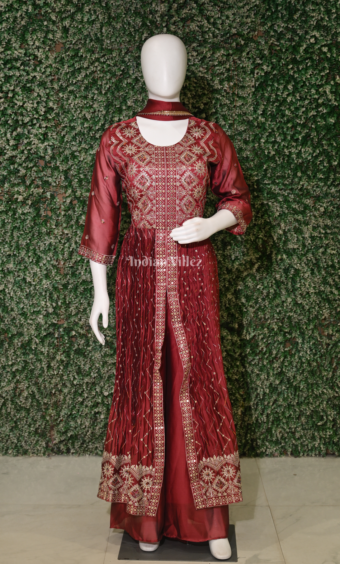 Maroon Front Slit Anarkali with Palazzo pants with Dupatta Set 