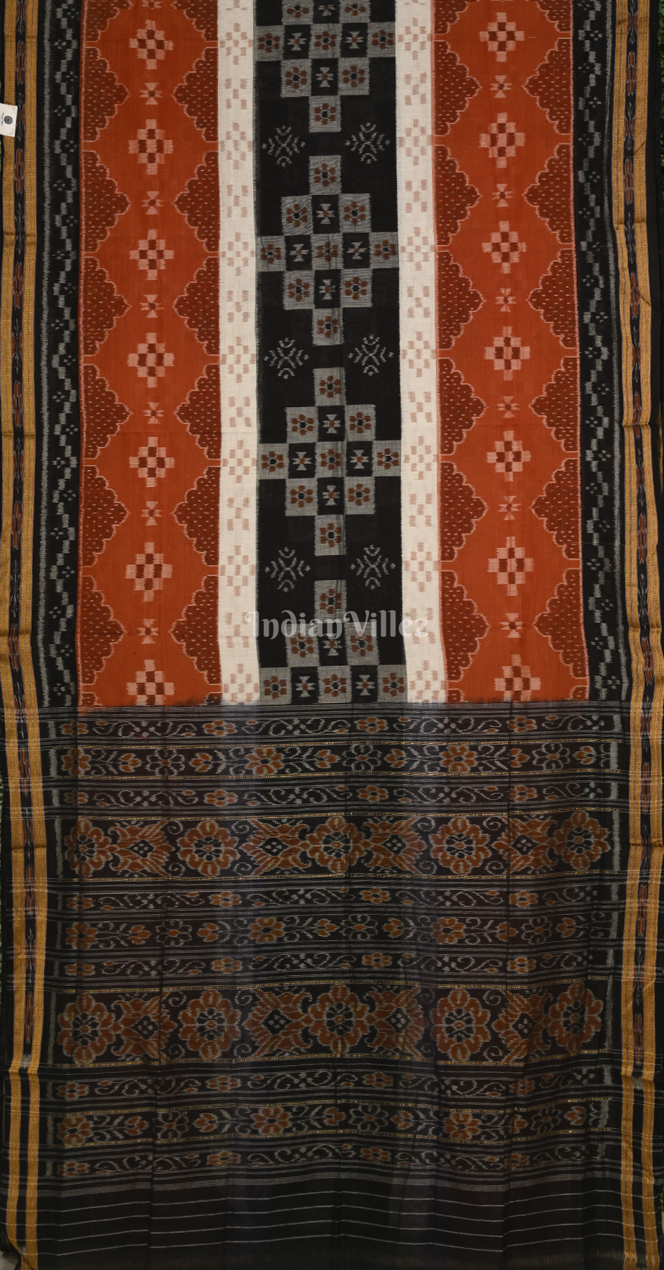 Rust Orange Black Body Pasapali Odisha Handloom Sambalpuri Ikat Cotton Saree 