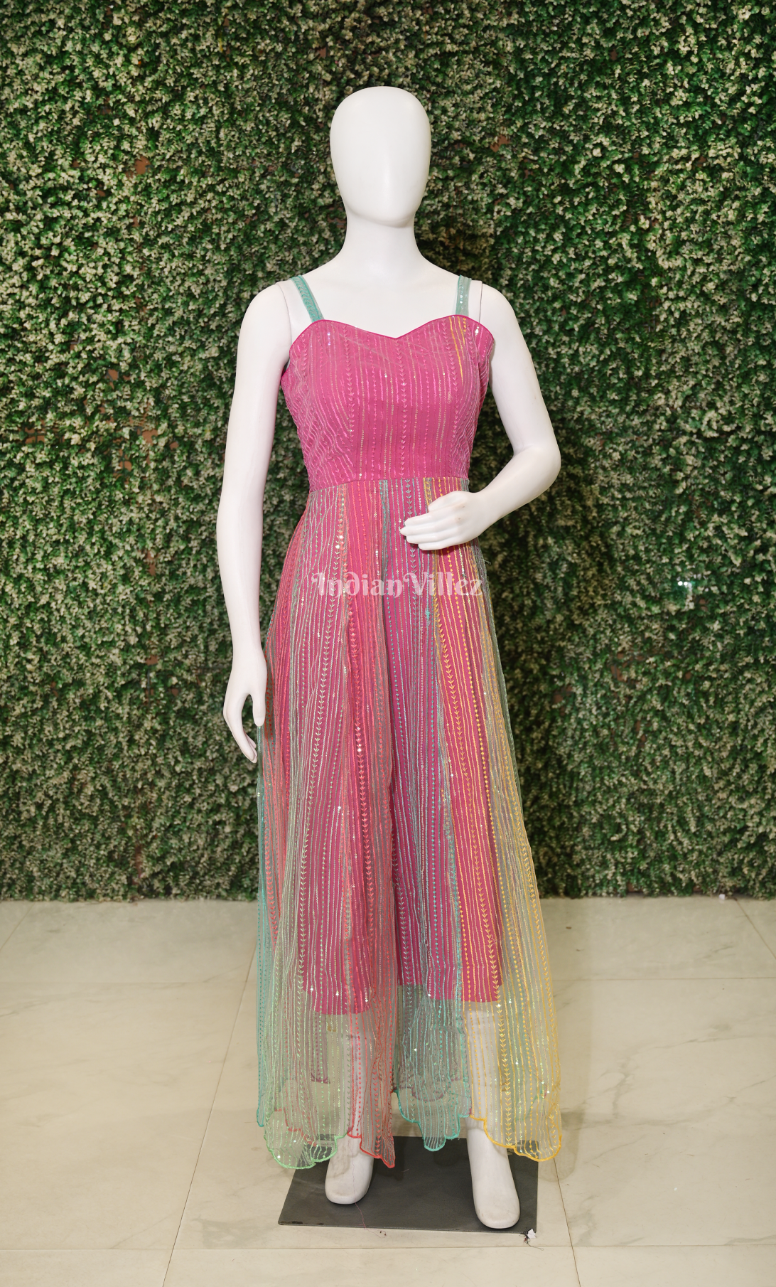 Party Wear Pink Light Blue Noodle Strap Designer Sequin Gown 