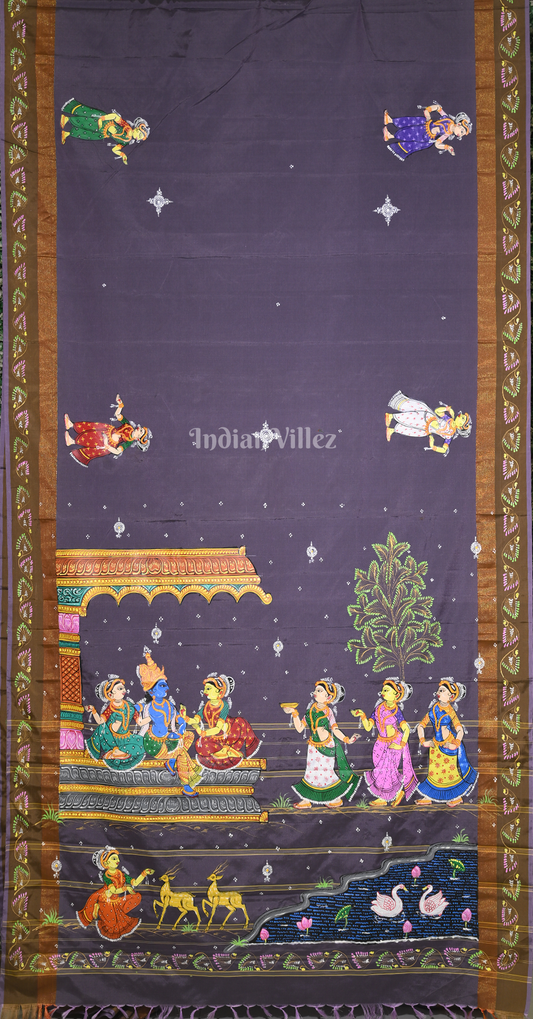 Purple Krishna Raas Leela  Hand-Painted Pattachitra Saree