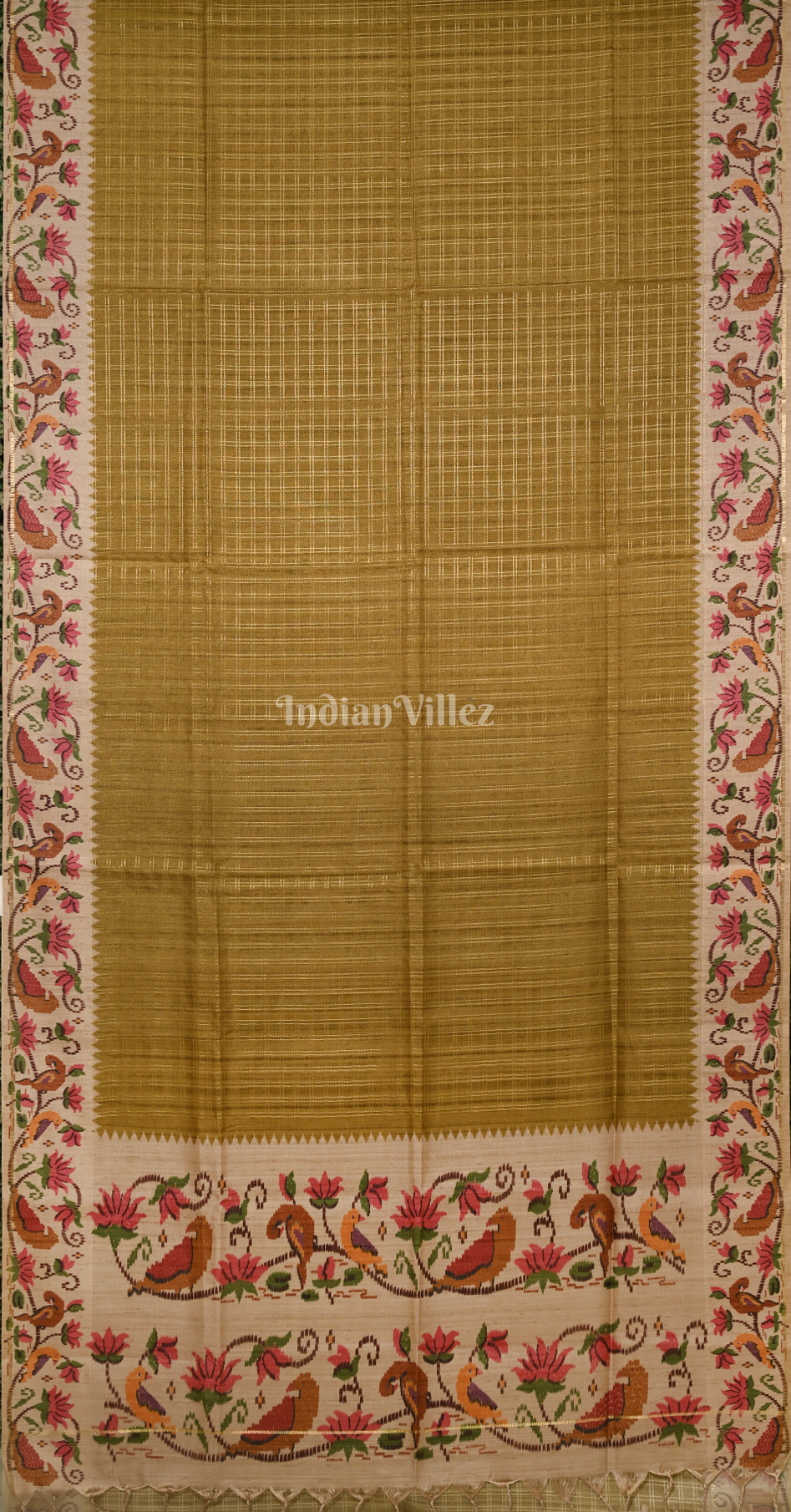 Mehendi Green Beige Check Pattern Tussar Silk Saree