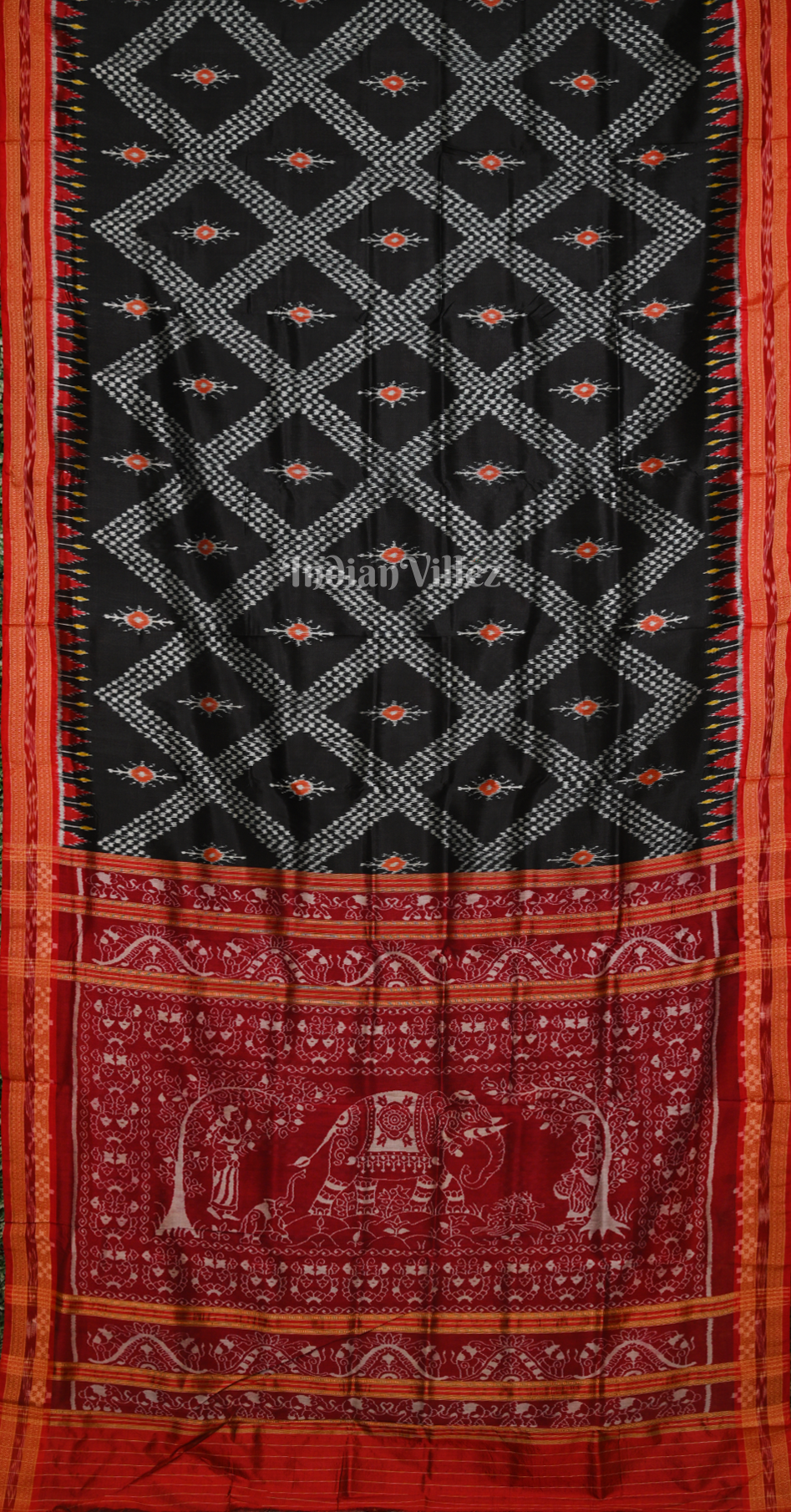 Black Red Tarabali Odisha Ikat Khandua Silk Saree with Elephant Anchal