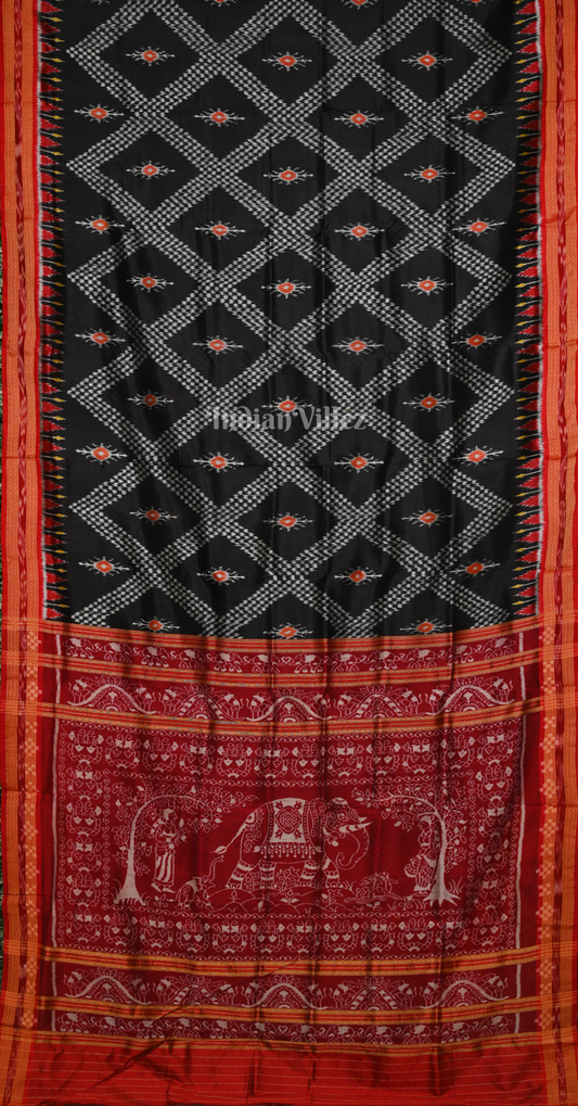 Black Red Tarabali Odisha Ikat Khandua Silk Saree with Elephant Anchal