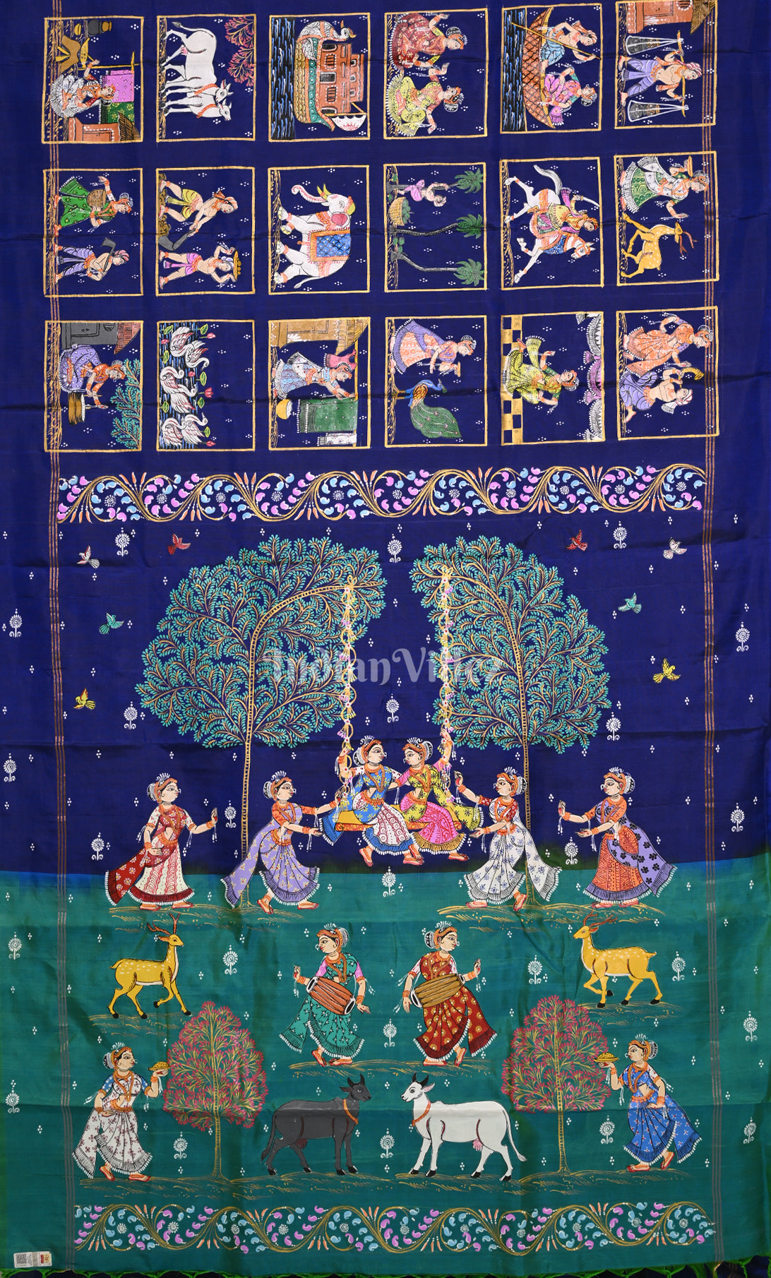 Blue Green Krishna Raas Village Theme Hand- Painted Pattachitra Saree 
