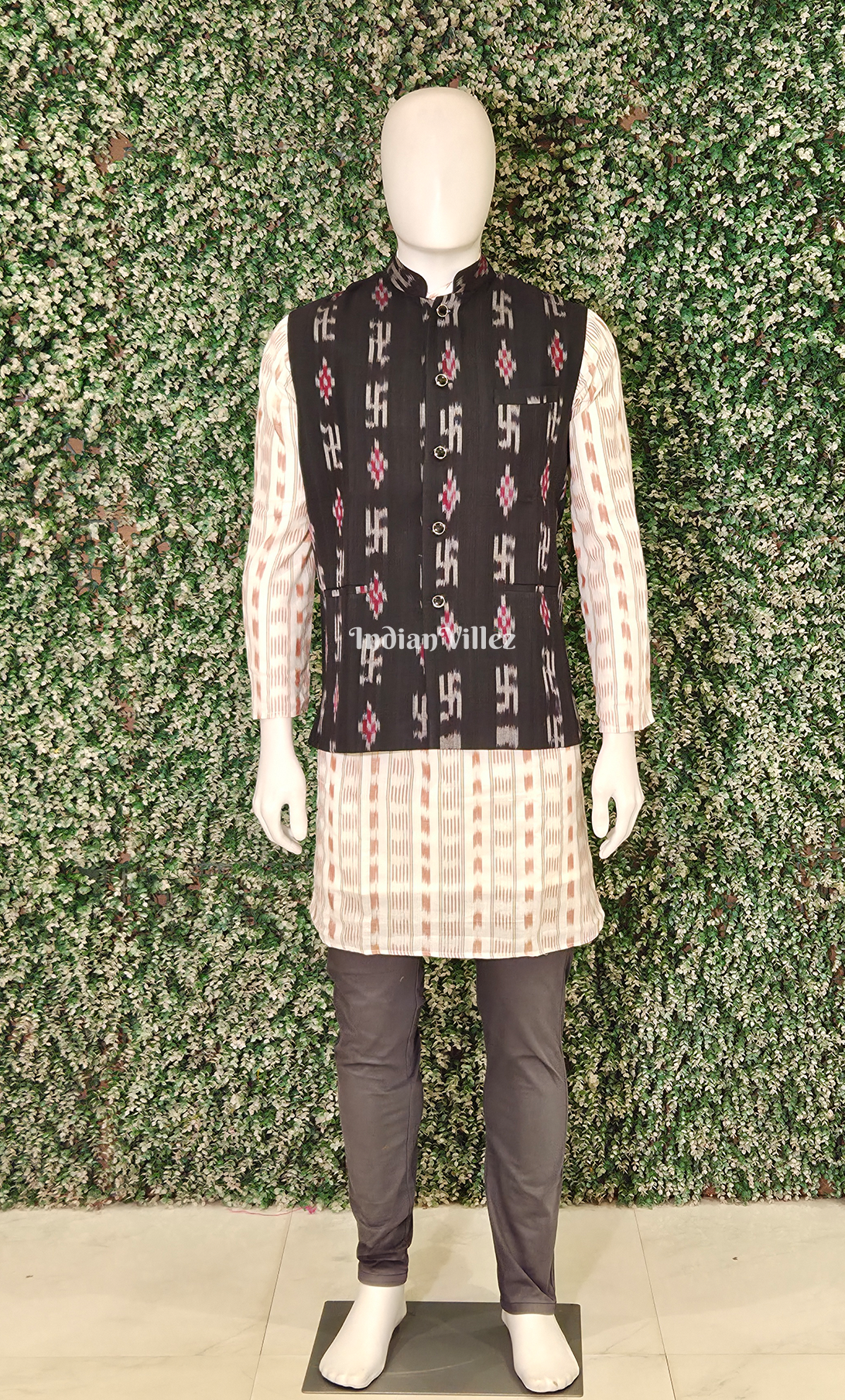 Black Swastik Odisha Ikat Half Bandi Jacket for Men 
