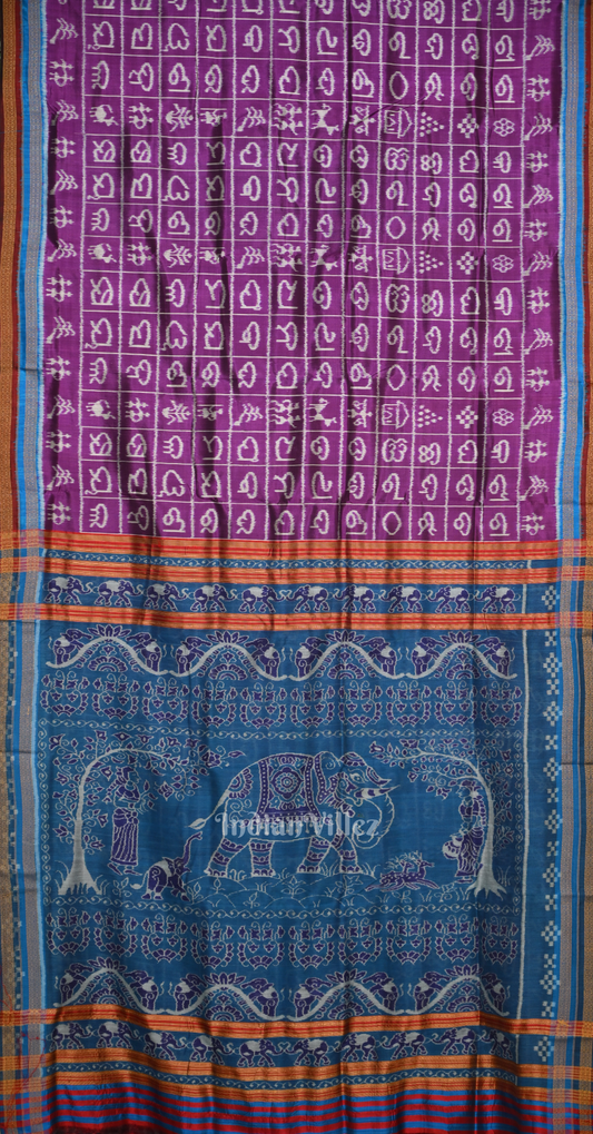Purple Blue Odia Barnamala Odisha Ikat Khandua Silk Saree